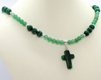 Synthetic Malachite Gemstone Cross Aventurine Malachite Necklace "On Eagles' Wings" Isaiah 40: 28-31 Christian Stone Cross Beaded Adjustable