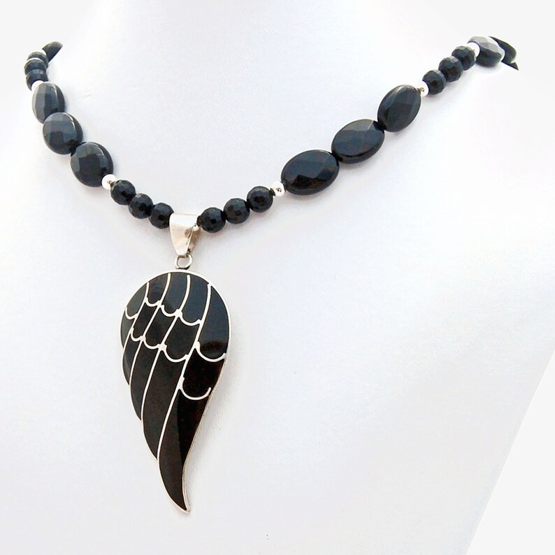 Black Angel Wing Onyx Sterling Silver Pendant Necklace image 1