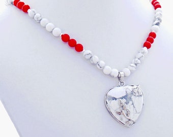 Howlite Rose Heart Pendant Coral Howlite Gemstone Necklace