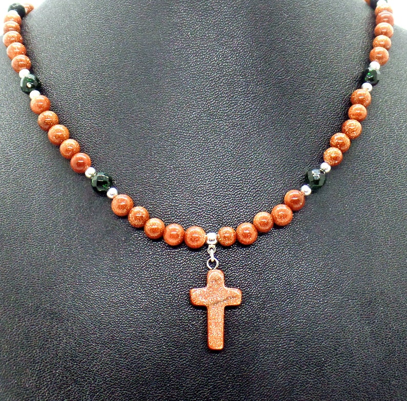 Goldstone Cross Brown Green Goldstone Necklace image 8