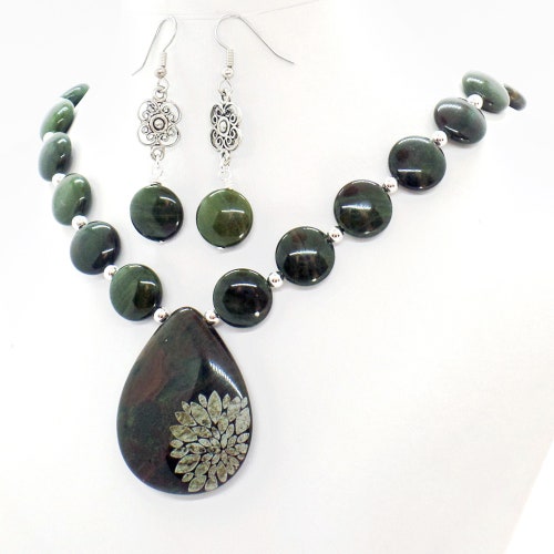African Green Jasper Flower Necklace Earrings Set Natural Stone shops