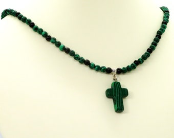 Malachite Cross with Forest Green Delicate Malachite and Rich Black Onyx Necklace, Christian