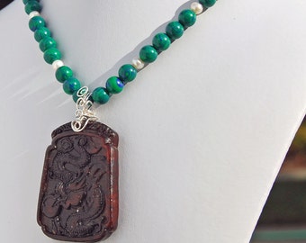 Jade Dragon Azurite Malachite Pearl Sterling Silver Pendant Statement Necklace