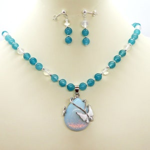 Opalite Butterfly Rainbow Pendant Blue Quartz Necklace Earrings Set