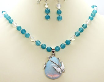 Opalite Butterfly Rainbow Pendant Blue Quartz Necklace Earrings Set