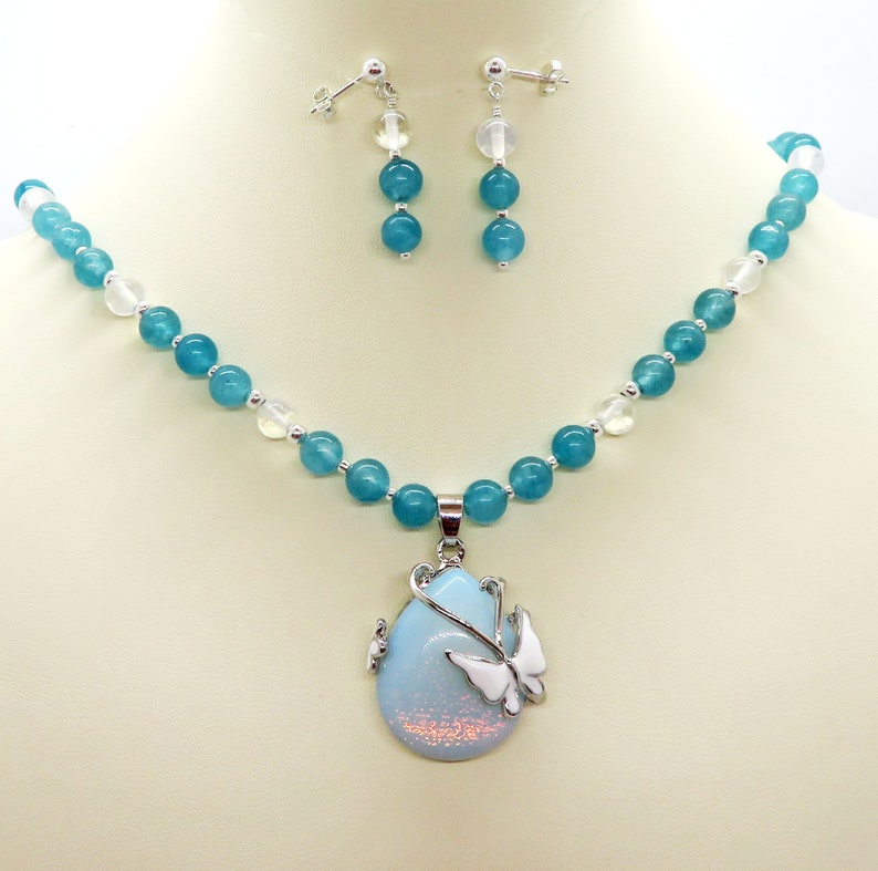 Opalite Butterfly Rainbow Pendant Blue Quartz Necklace Earrings Set image 1