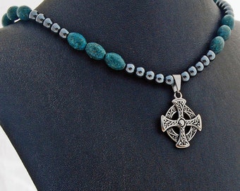 Celtic Cross  Lapis Hematite Men's Pendant Necklace