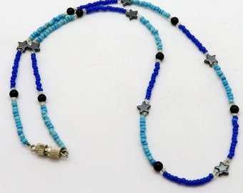 Cobalt Blue Turquoise Hematite Star and Black Onyx Minimalist Necklace