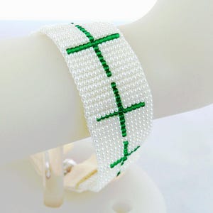 Green Cross Pearl Seed Bead Hand Woven Cuff Bracelet