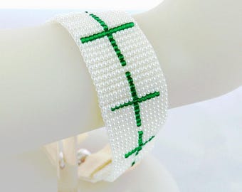 Green Cross Pearl Seed Bead Hand Woven Cuff Bracelet
