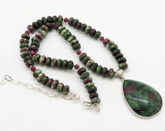 Ruby in Zoisite Pendant Necklace: Sterling Silver Beaded Statement