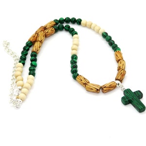 Synthetic Malachite Cross Pendant with Malachite Gemstone and Wood Bead Necklace Christian Unisex Boyfriend Gift