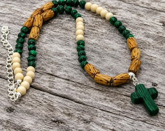 Malachite Cross Necklace, Wood Bead Christian Necklace, Green Cross Pendant, Unisex Faith Jewelry, Men's Cross Gift, Adjustable