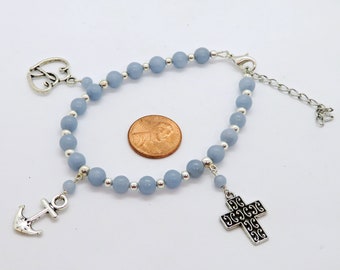 Faith Hope Charity Angelite Charm Bracelet Cross Anchor Heart Religious Christian