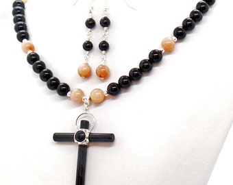 Black Onyx Cross Onyx Rhodochrosite Pendant Necklace Earrings Set Natural Stone