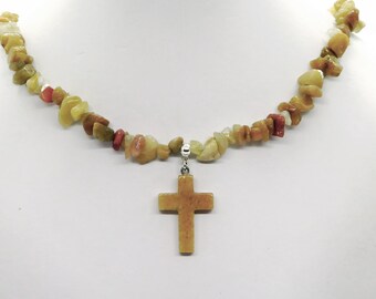 Butterscotch Jasper Cross Pendant with Butterscotch Jasper Rustic Tumbled Stone Adjustable Necklace Christian Statement