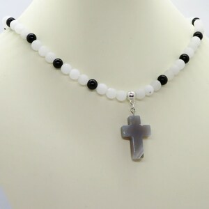 Grey Agate Cross Pendant with Frosted Rock Crystal and Black Onyx Gemstone Necklace Praise the Lord My Soul Psalm 103: 1-5 Natural Stone