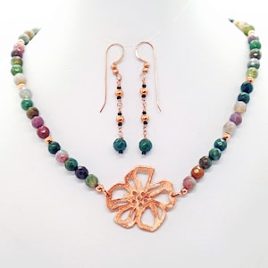 Copper Flower Fancy Jasper Rainbow Necklace Earrings Set Natural Stone