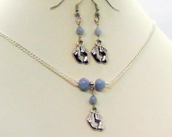 Dainty Baby Feet and Angelite Minimalist Adjustable Bar Necklace & Earrings Set