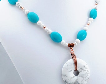 White Howlite Circle with White Howlite and Natural Turquoise Adjustable Necklace