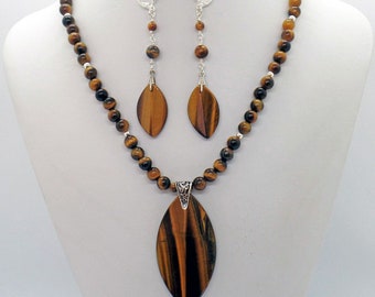 Tiger Eye Pendent Necklace Earrings Set Marquise Pendants Natural Stone