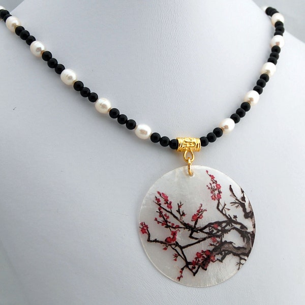 Cherry Blossom, Pearl & Onyx Pendant Necklace