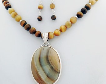 Agate Wave Pendant Tiger Eye Necklace Earring Set, Asymmetrical Natural Stone Statement Necklace