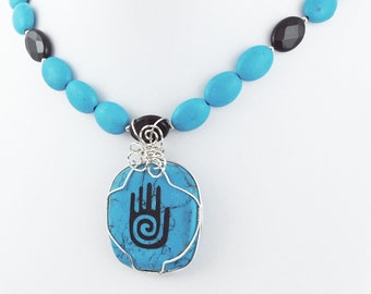 Howlite Healing Hand Pendant Turquoise Onyx Sterling Silver Gemstone Necklace Southwest Western Design