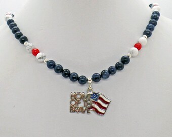 USA FLAG Home of the Brave Blue Dumortierite, White Howlite Red Coral Necklace Red White Blue