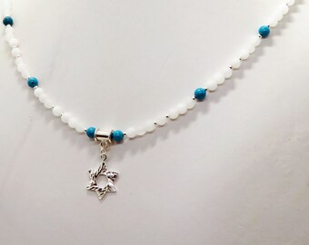 Sterling Silver Star of David Pendant Snow Quartz Turquoise Necklace