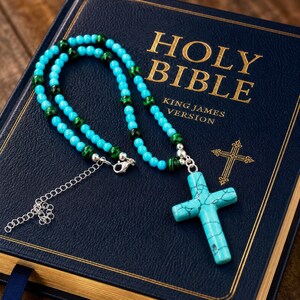 Turquoise Cross Necklace, Malachite Gemstone Necklace, Christian Cross Jewelry, Turquoise Magnesite Cross, Faith Gift for Her