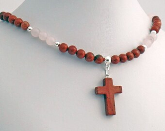 Red Jasper Cross Rose Quartz Natural Stone Pendant Necklace