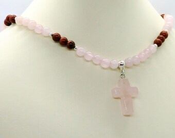 Pink Quartz Cross Pendant with Pink Quartz and Goldstone Adjustable Necklace Let Nothing Disturb You Prayer by St. Theresa Avila