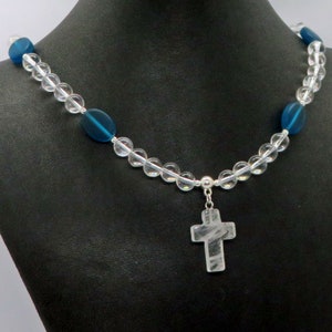 Rock Crystal Gemstone Cross with Rock Crystal and Cultured Seaglass Adjustable Necklace  "May Christ Dwell in Your Hearts Through Faith"