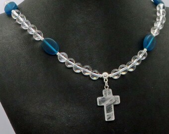 Rock Crystal Cross Necklace, Seaglass Accent, Adjustable Length