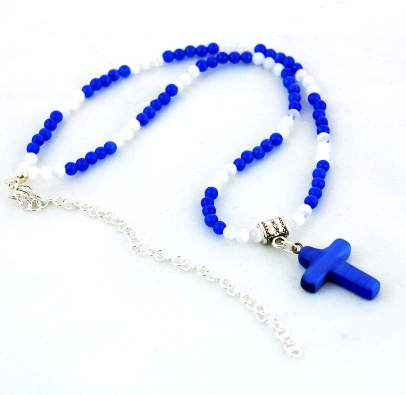 Blue Cats Eye Cross Pendant with Blue and White Cats Eye Necklace, Glass Cross Pendant Necklace image 5