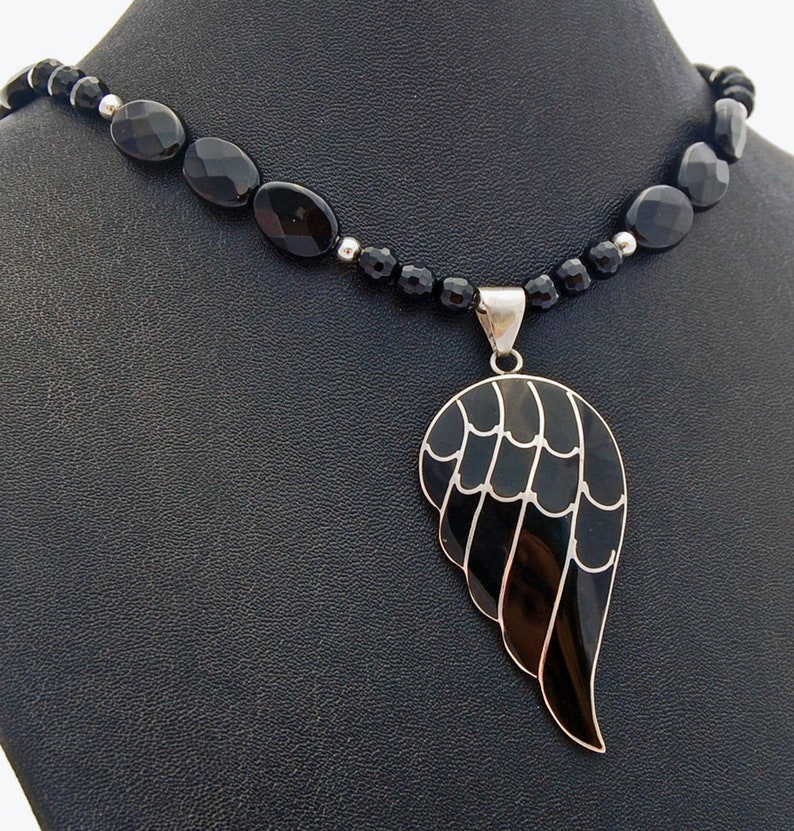 Black Angel Wing Onyx Sterling Silver Pendant Necklace image 3