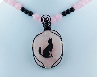 Coyote Rose Quartz and Onyx Pendant Necklace From Sedona, Arizona