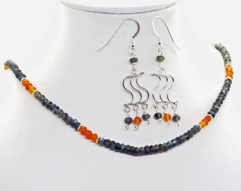 Labradorite Carnelian Sterling Silver Necklace Earrings Set July Birthstone