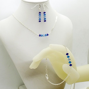 Blue Ombre Sea Glass Sterling Silver Bar Necklace Bracelet Earrings Set Dark Blue