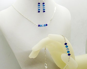 Blue Ombre Sea Glass Sterling Silver Bar Necklace Bracelet Earrings Set Dark Blue