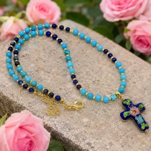 Our Lady of Guadalupe Cloisonné Cross Necklace, Lapis Lazuli Turquoise Choker, Catholic Jewelry, Christian Gift for Her
