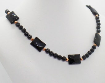 Elegant Rectangle and Round Black Onyx and Copper Gemstone Beaded Adjustable Necklace