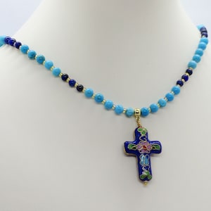 Our Lady of Guadalupe Rose Blue Cloisonne Enamel Cross with Lapis Lazuli and Turquoise Magnesite Necklace Adjustable Prayer Bookmark