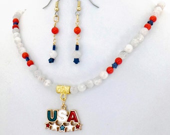 USA and Stars Pendant with Snowy Quartz, Coral and Blue Howlite Necklace Earrings Gemstone Set