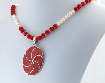Coral Pearl Sterling Silver Bali Pendant Necklace