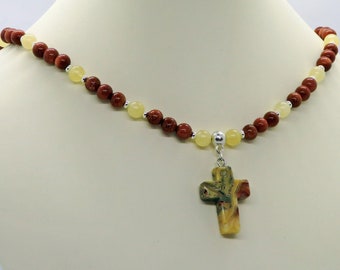 Mahogany and Tan Natural Stone Cross Pendant with Goldstone and Yellow Jade Gemstone Adjustable Necklace Christian Beaded St Benedict