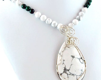 White Howlite Teardrop Pendant Necklace: Sterling Silver & Malachite
