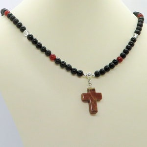 Sierra Brown Jasper Natural Gemstone Cross with Black Onyx Carnelian and Rock Crystal Adjustable Necklace Beaded Christian