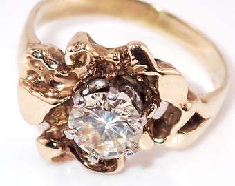 Natural Diamond Ring 14K Gold Vintage Estate Nugget Design Rustic Statement Ring Size 8.5 Elegant Gift for Her Anniversary